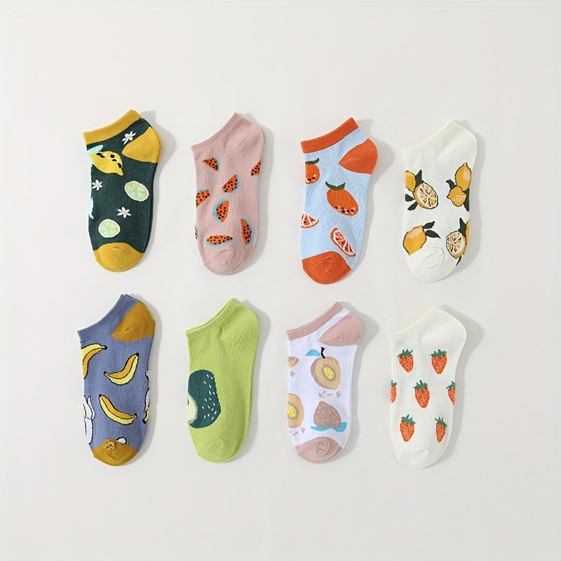 8 Pairs Cartoon Fruit Print Socks Crew & Ankle Socks Women's Stockings