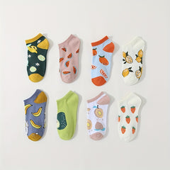 8 Pairs Cartoon Fruit Print Socks Crew & Ankle Socks Women's Stockings