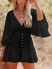Women's Casual Lace Batwing Sleeve V Neck Loose Dress