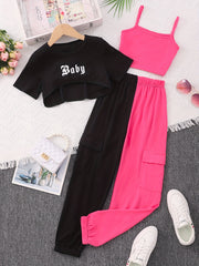 3pcs Kid Girls Clothes 'Baby' Letter Cover Up Tee Cami Crop Top Pants Set