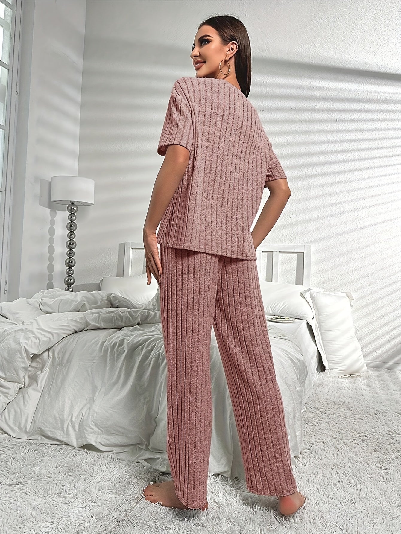 Ribbed Lounge Set Short Sleeve Crew Neck Top & Pants Women's Loungewear