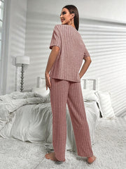Ribbed Lounge Set Short Sleeve Crew Neck Top & Pants Women's Loungewear