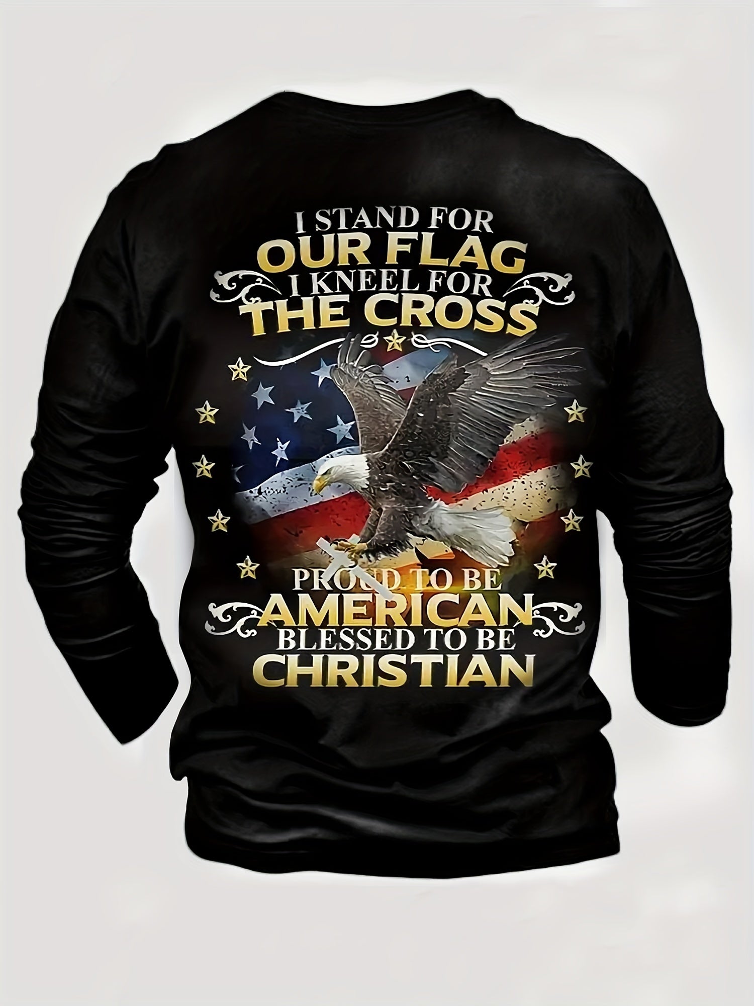 Flag And Eagle Print Men's Graphic T-shirt Autumn Pullover