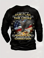 Flag And Eagle Print Men's Graphic T-shirt Autumn Pullover