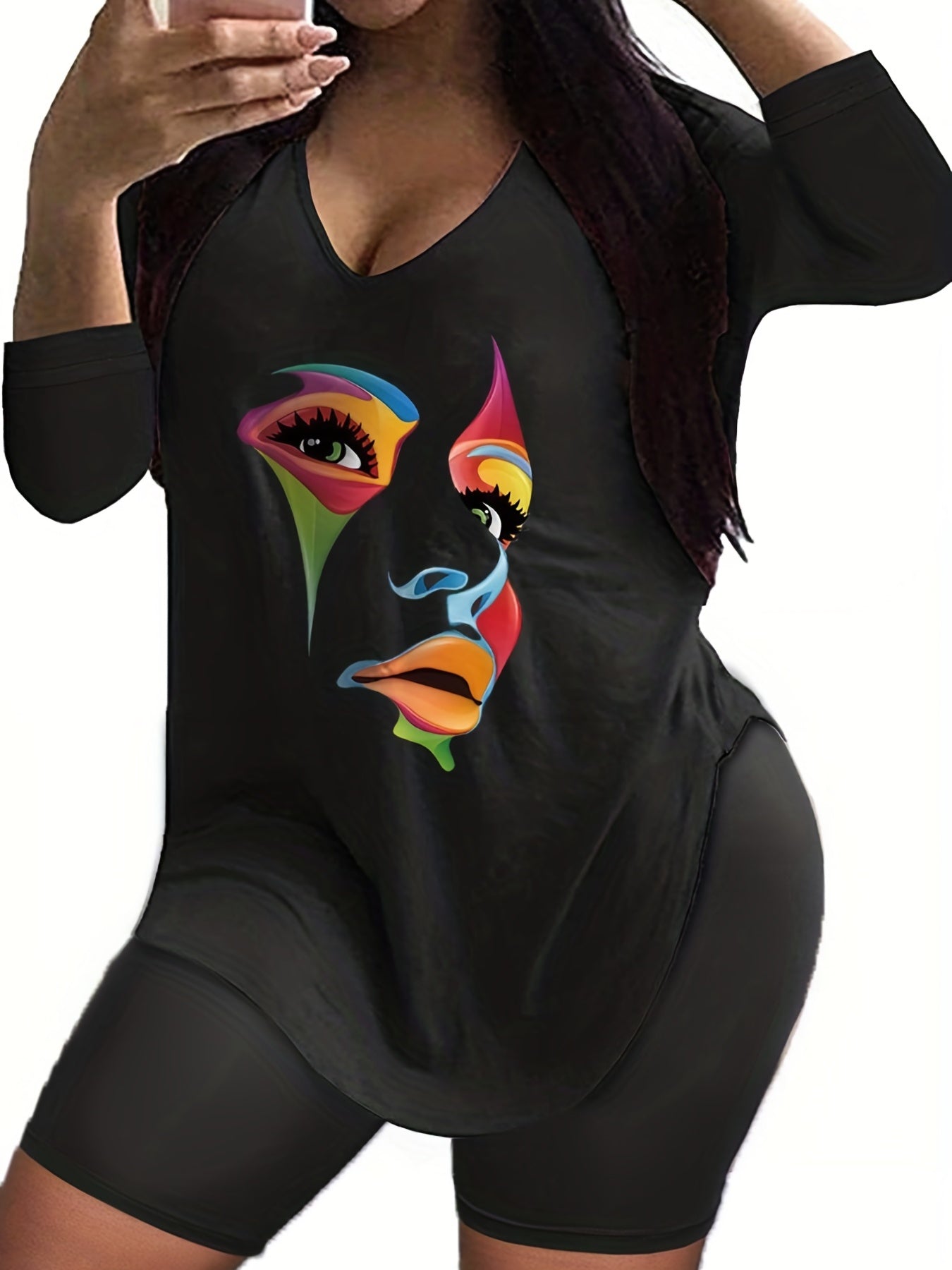Women's Plus Abstract Figure Print Tee & Shorts Set