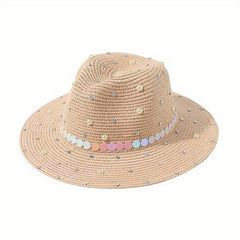 Faux Pearl Decor Straw Fedora Cap Jazz Sun Hat for Women