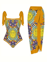 Graphic Print Tie Shoulder Swimsuit Set
