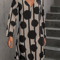 Abstract Print Zipper Dress Long Sleeve Casual Dress