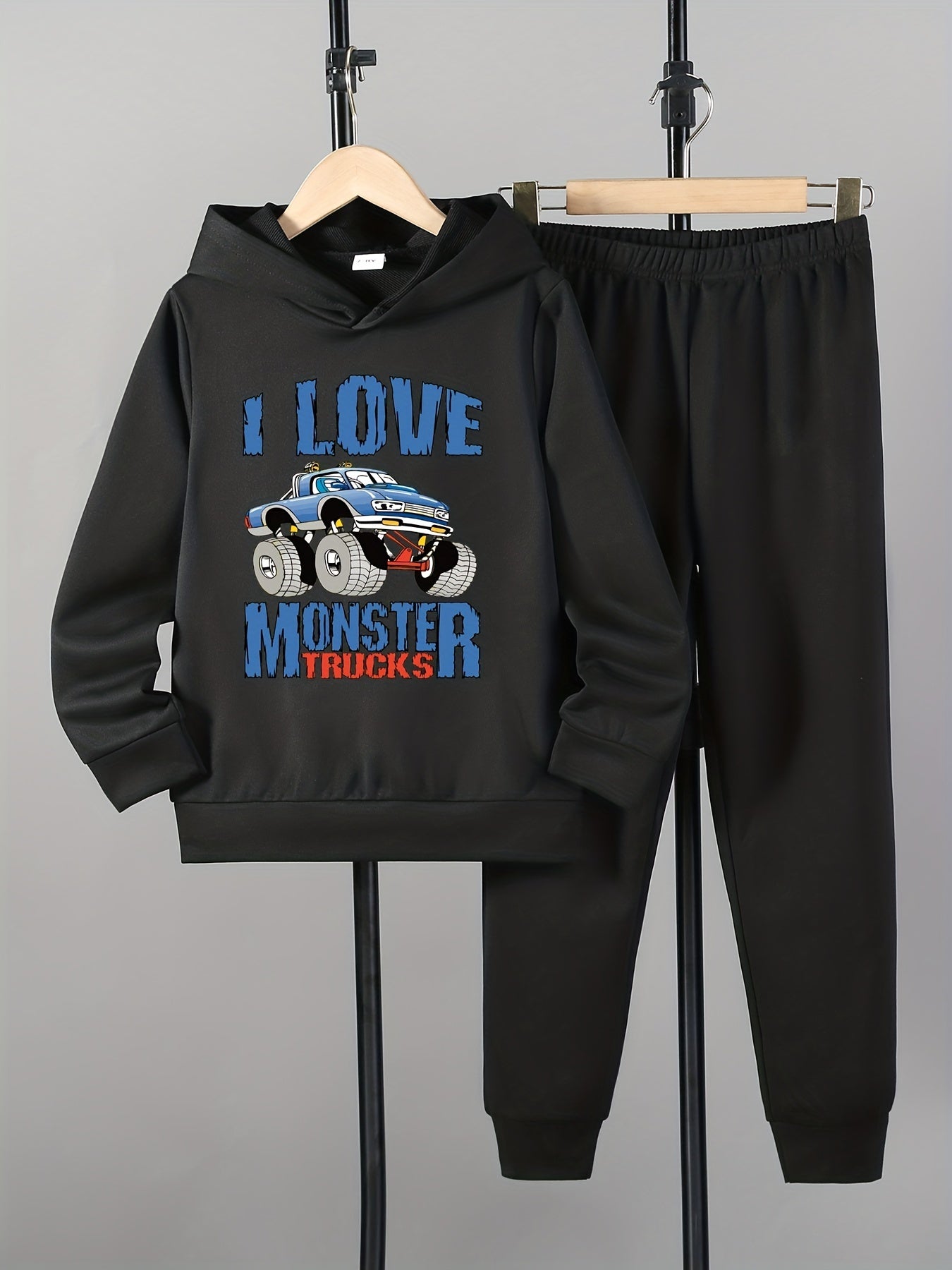 Boy's Truck Pattern 2pcs Hoodie & Sweatpants Set I LOVE MONSTER TRUCKS