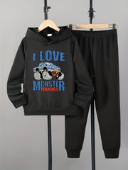 Boy's Truck Pattern 2pcs Hoodie & Sweatpants Set I LOVE MONSTER TRUCKS