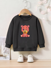 Bear Print Girls Casual Pullover Sweatshirt Long Sleeve Crew Neck Tops