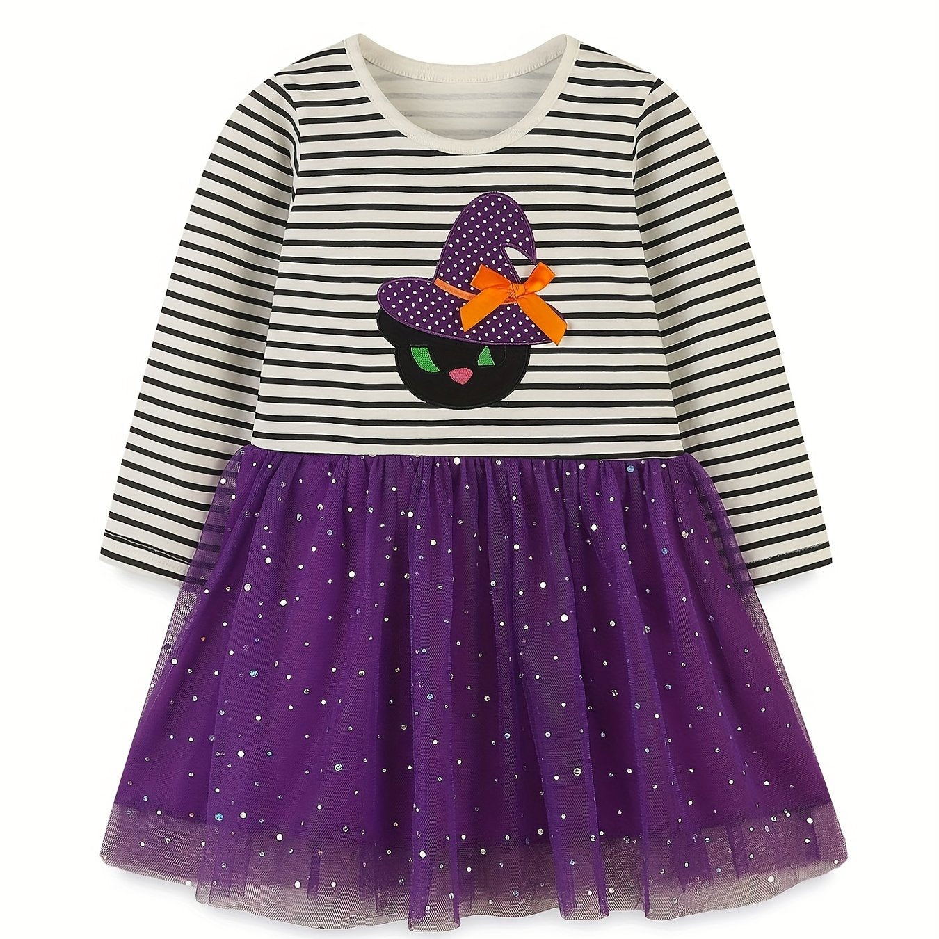 Halloween Witch Embroidered Striped Dress for Toddler Girls