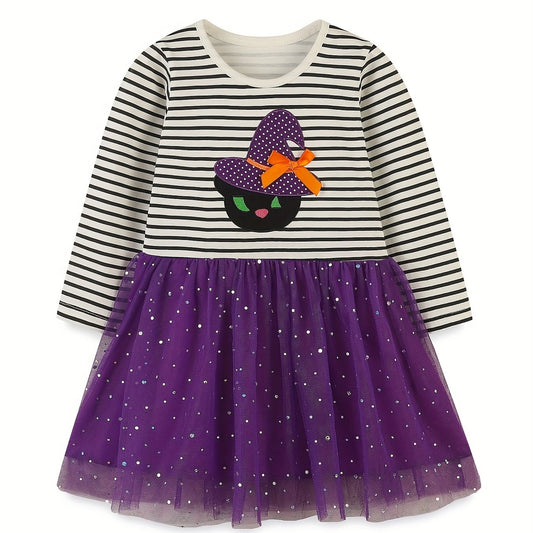 Halloween Witch Embroidered Striped Dress for Toddler Girls