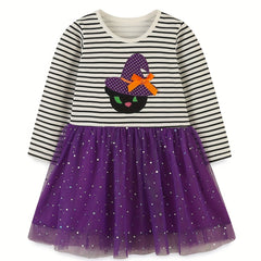 Halloween Witch Embroidered Striped Dress for Toddler Girls