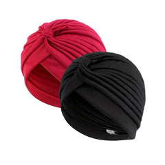 2pcs Pleated Elastic Turban Cap Solid Head Wraps Casual Hijab Hats