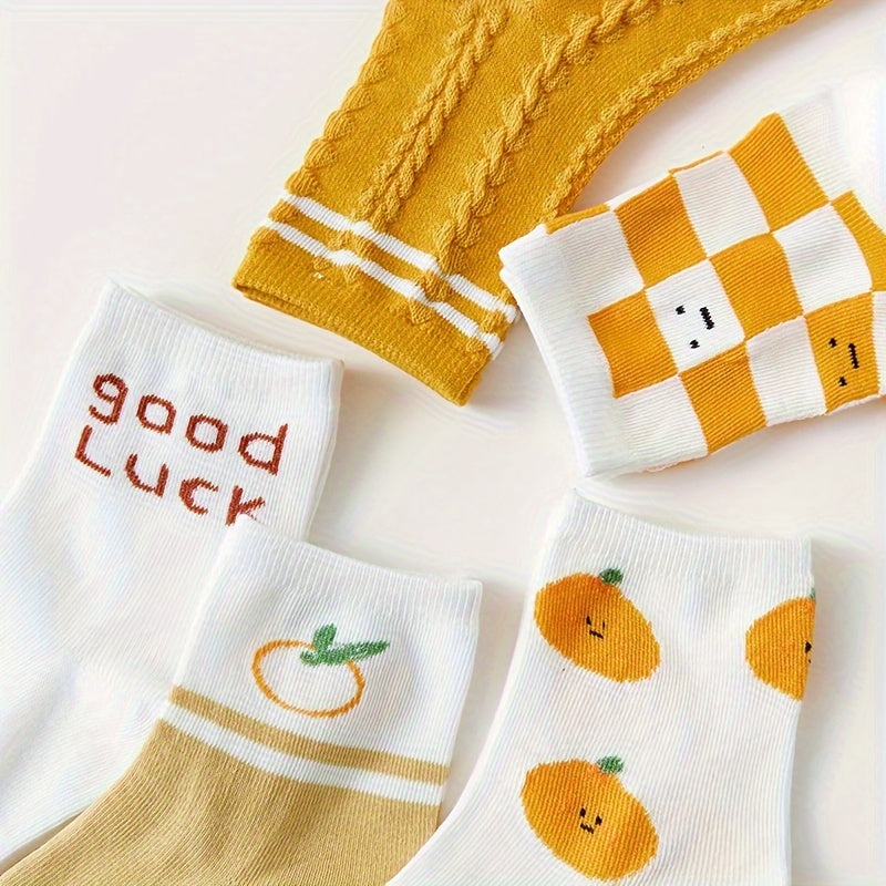 5 Pairs Fruit & Letter Print Socks Women's Stockings
