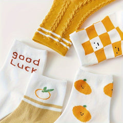5 Pairs Fruit & Letter Print Socks Women's Stockings