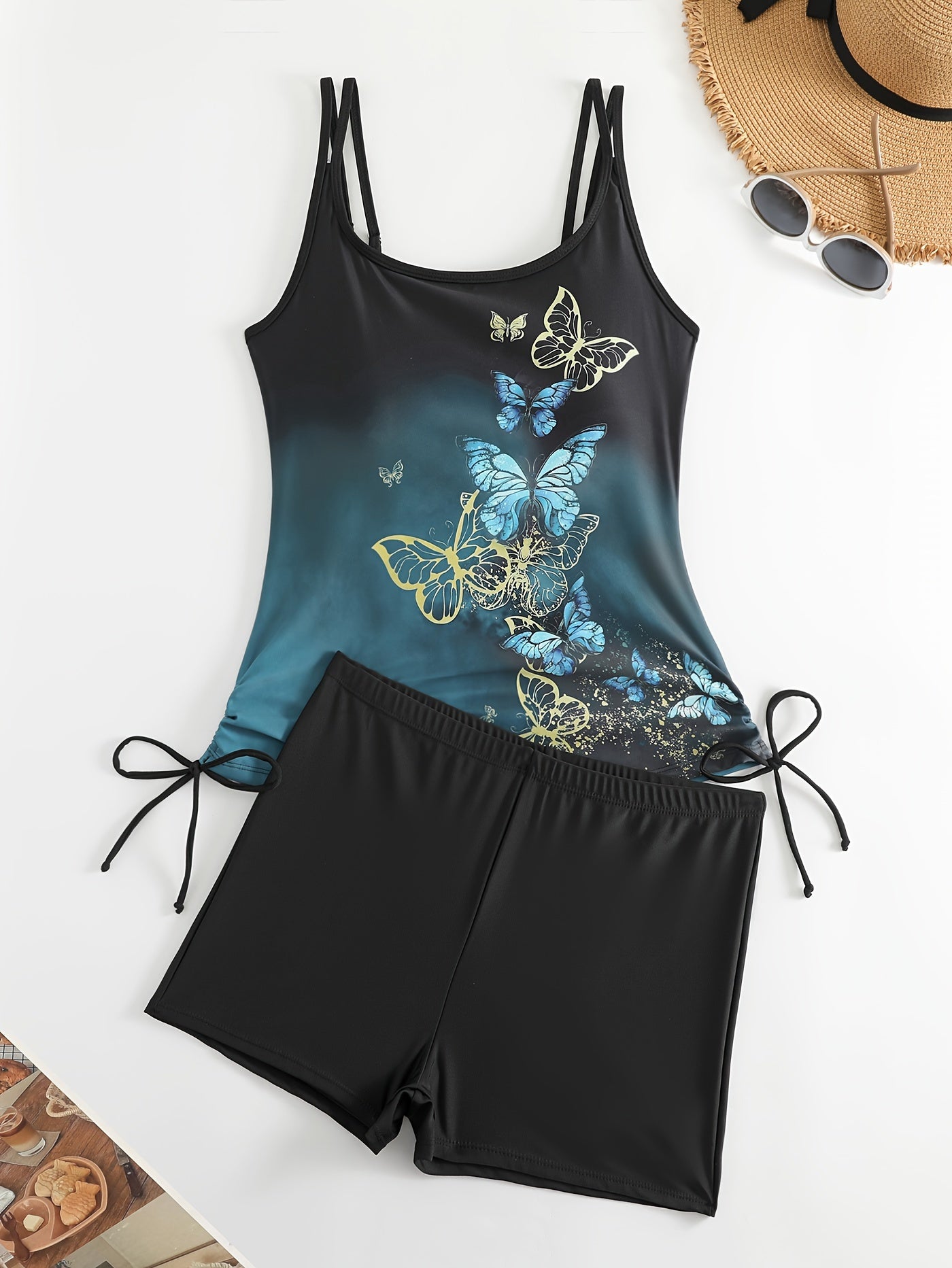 Ombre & Butterfly Print Lace Up Tankini Set
