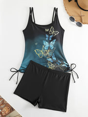 Ombre & Butterfly Print Lace Up Tankini Set