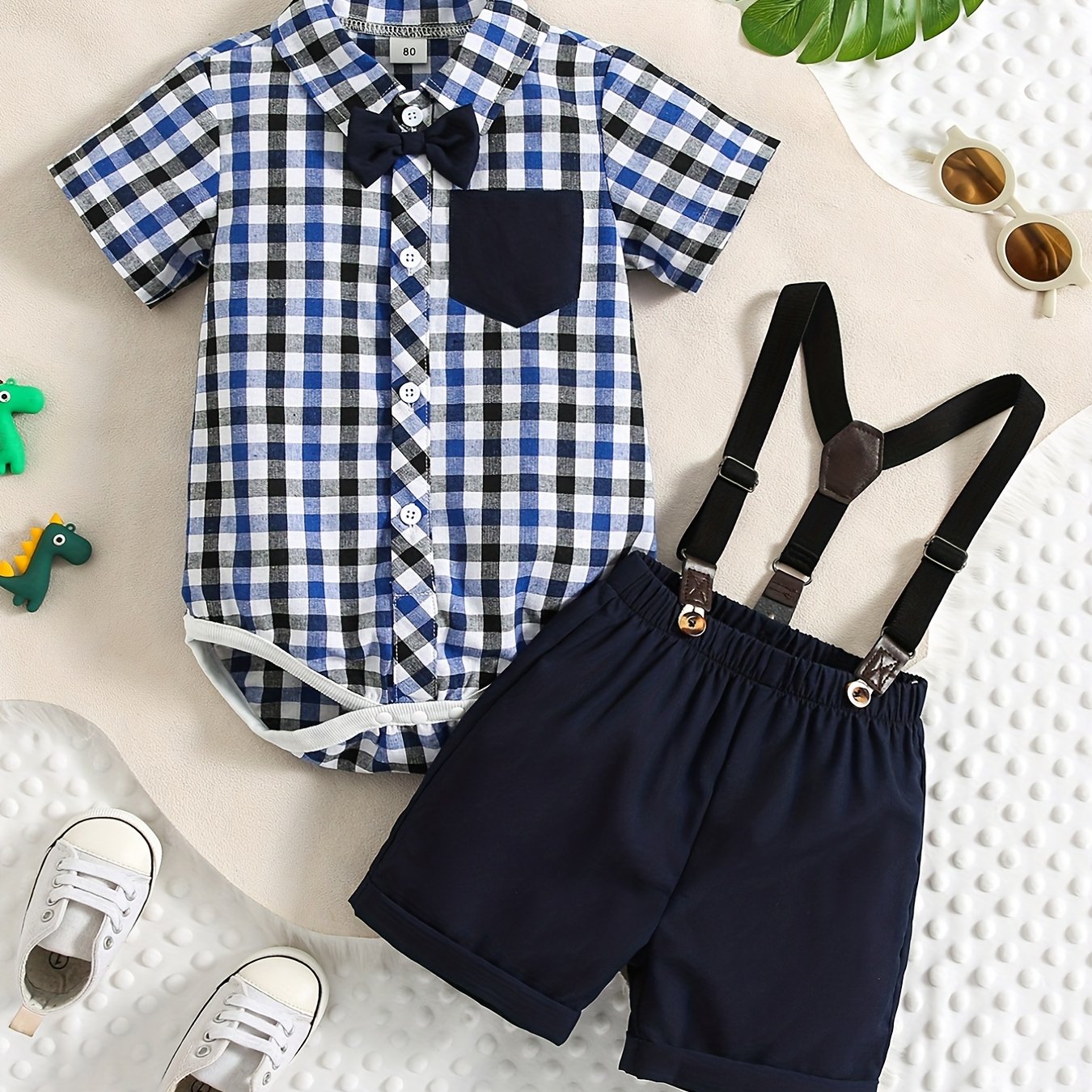 2pcs Baby Boys Plaid Shirt Onesie & Suspender Shorts Gentleman Outfit