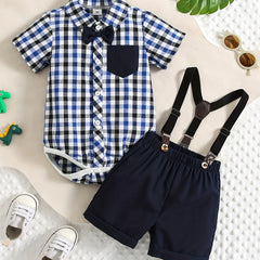 2pcs Baby Boys Plaid Shirt Onesie & Suspender Shorts Gentleman Outfit