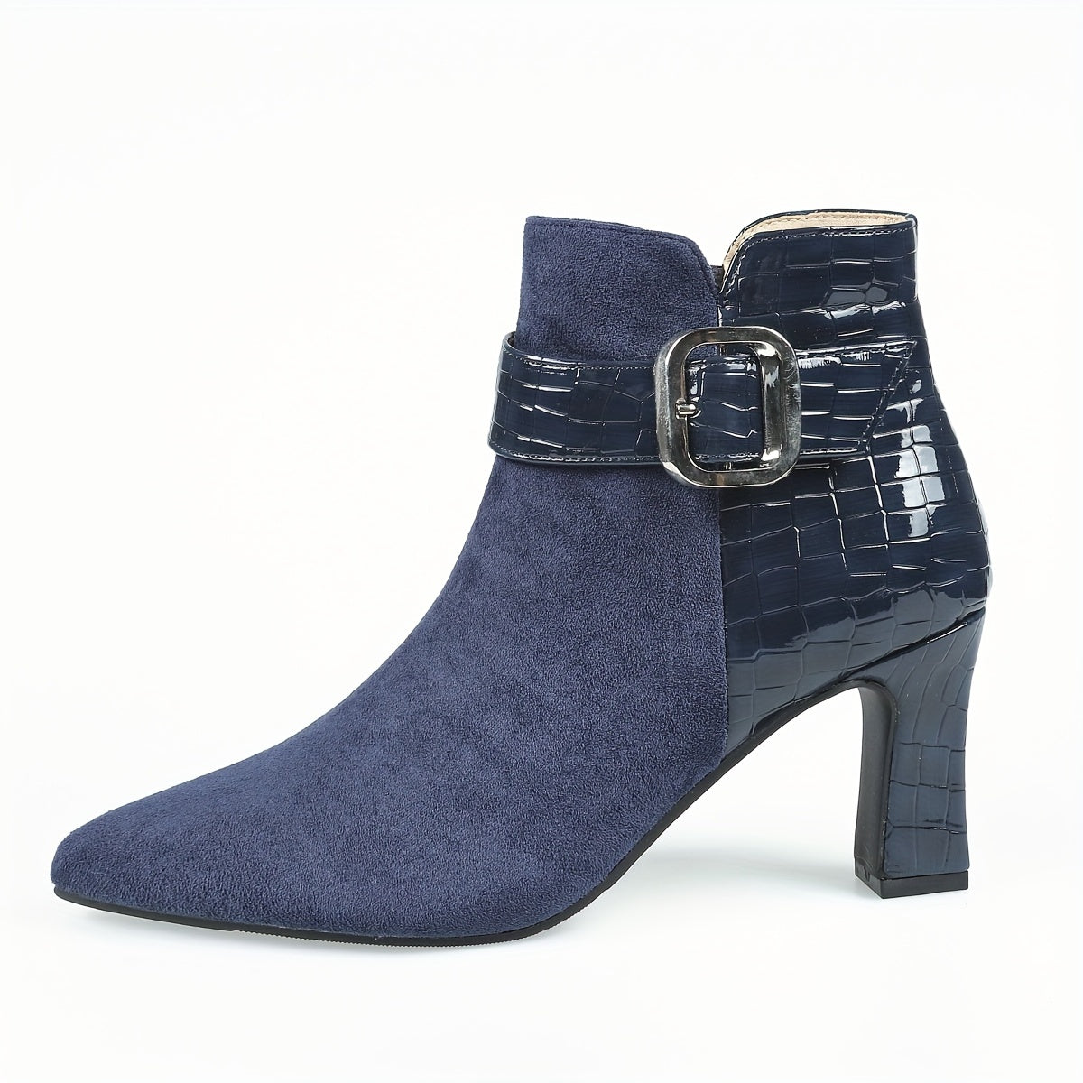 Women's Patent Leather Boots Point Toe Side Zipper Buckle Cone Heel Shoes
