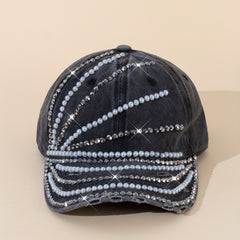 Distressed Ripped Baseball Cap Faux Pearl Rhinestone Vintage Dad Hat