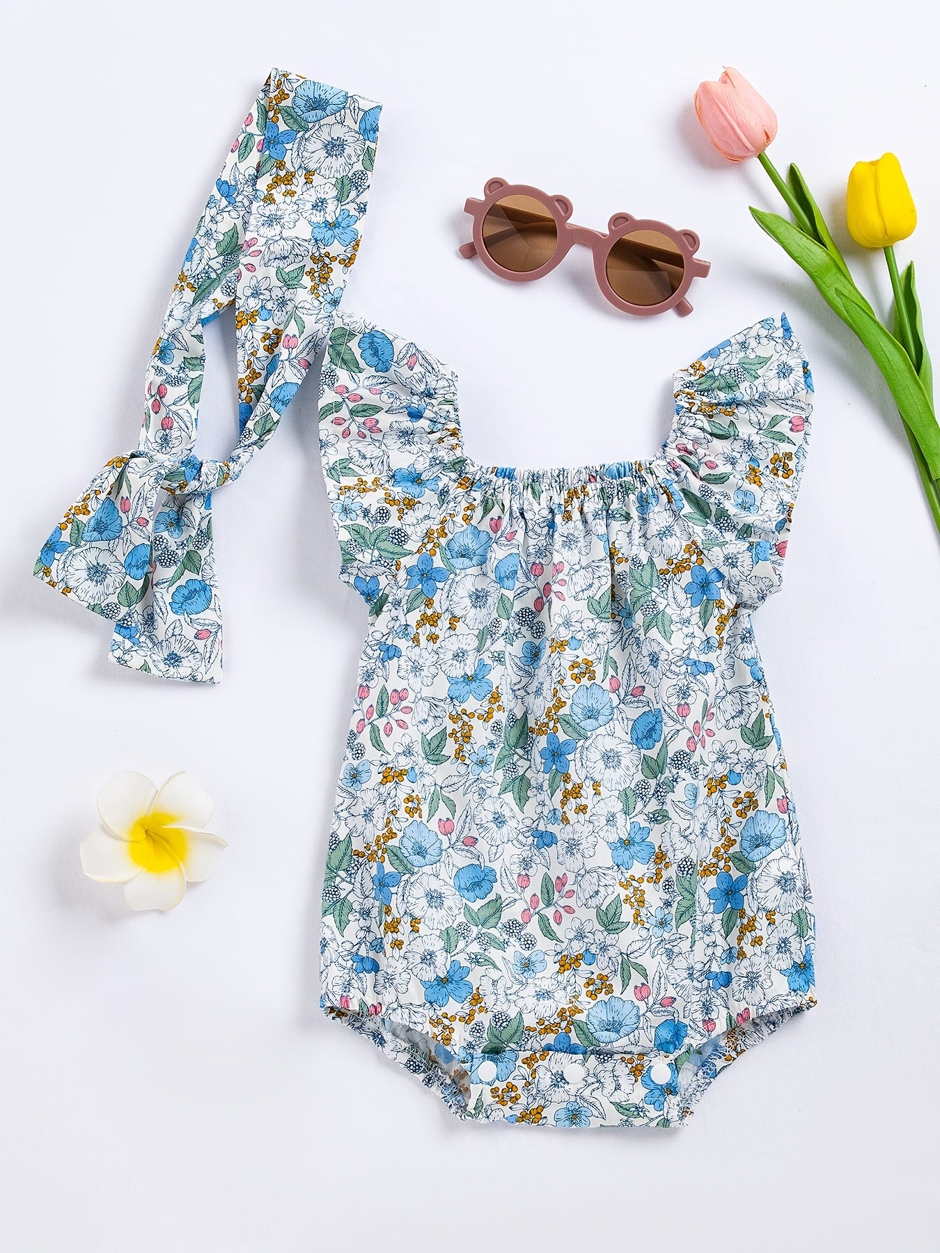 Baby Girls Square Neck Onesies with Floral Print Romper