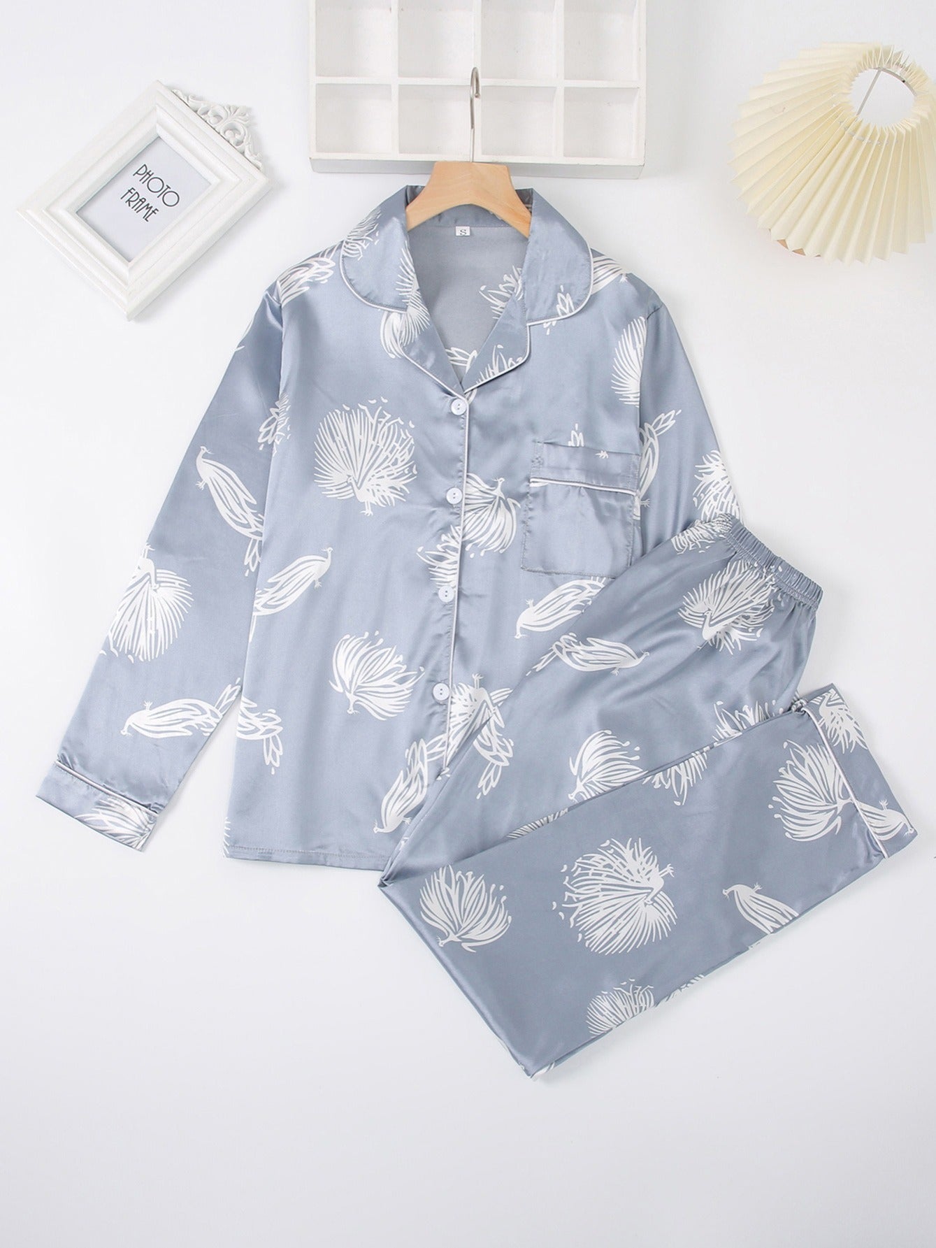 Satin Floral Print Pajama Set Long Sleeve Tops & Pants