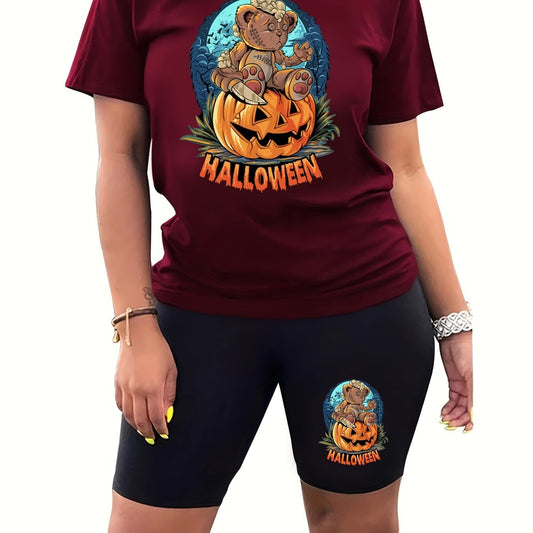 Halloween Casual Outfits Bear Pumpkin Two Piece Set