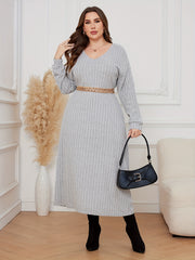 Casual Dress Solid Ribbed Drop Shoulder V Neck Midi Dress