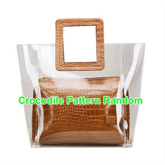 2pcs Transparent Tote Bag Set Crocodile Pattern Handle