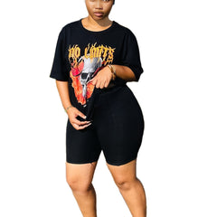 Skull Print Short Sleeve Tee & Biker Shorts Set Plus Size Women's 2pcs Outfit