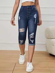 Dark Ripped Denim Shorts Slim Fit Distressed Slash Pockets