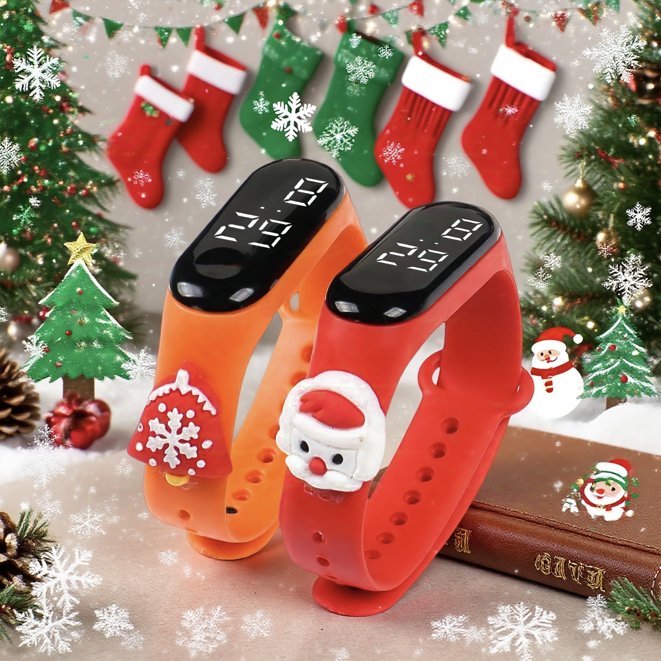 Kids' Digital Watches with Santa & Snowman Charms Cartoon Red & Orange Straps