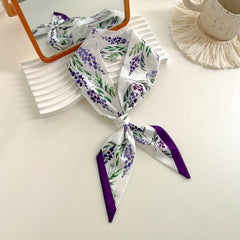 Purple Flower Print Skinny Scarf Silky Long Ribbon Neckerchief Satin