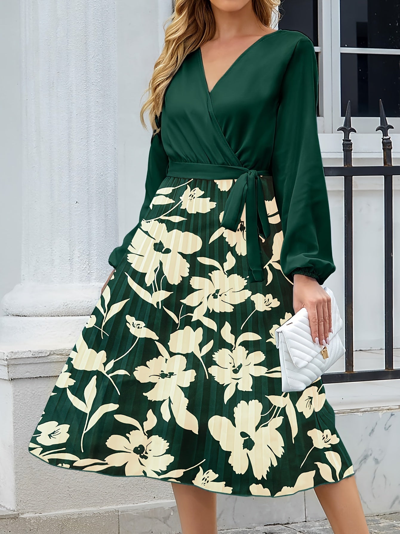Colorblock Floral Print Lantern Sleeve Pleated Dress