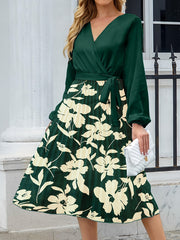 Colorblock Floral Print Lantern Sleeve Pleated Dress