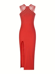 Rhinestone Maxi Party Dress Split Thigh Sleeveless