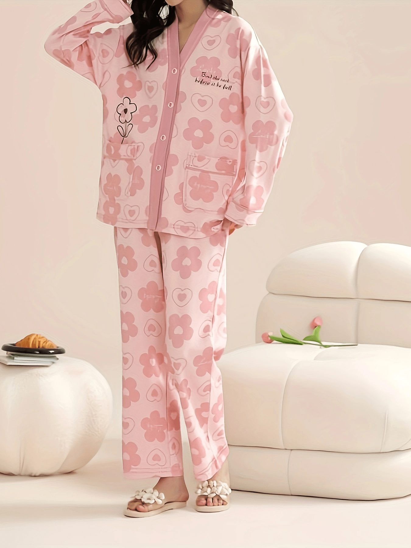 Floral Print Pajama Set Long Sleeve V Neck