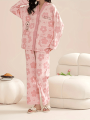 Floral Print Pajama Set Long Sleeve V Neck