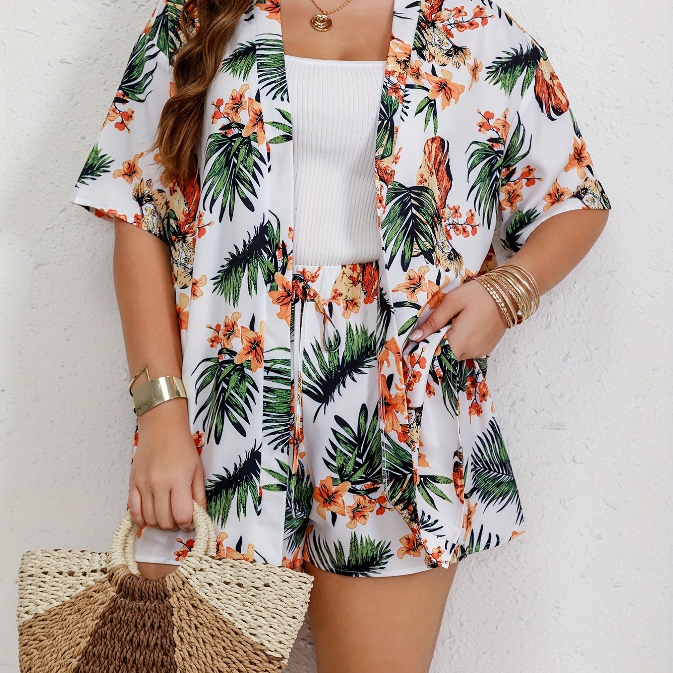 Women's Plus Tropical Print Shirt & Shorts Set