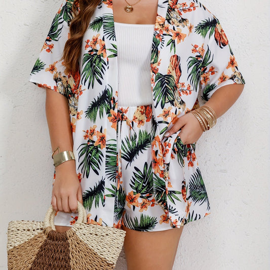 Women's Plus Tropical Print Shirt & Shorts Set