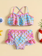 Kids' Summer Swimsuit Set Gradient Fish Scale Cami Top & Shorts Bikini Tankini