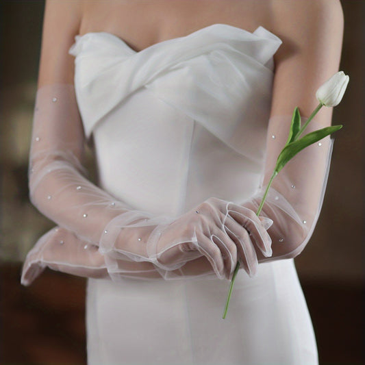 Bridal Rhinestone Mesh Gloves - Wedding Accessories