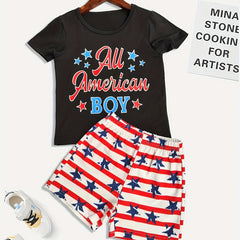 Boys 2pcs T shirt & Shorts Set ALL AMERICAN BOY Stripe Star Crew Neck Tee