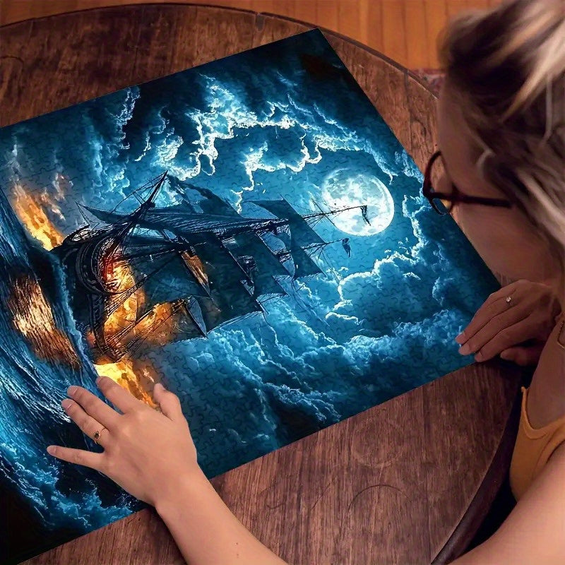Moonlight Sailboat Jigsaw Puzzle Night Sailing with Glowing Moon