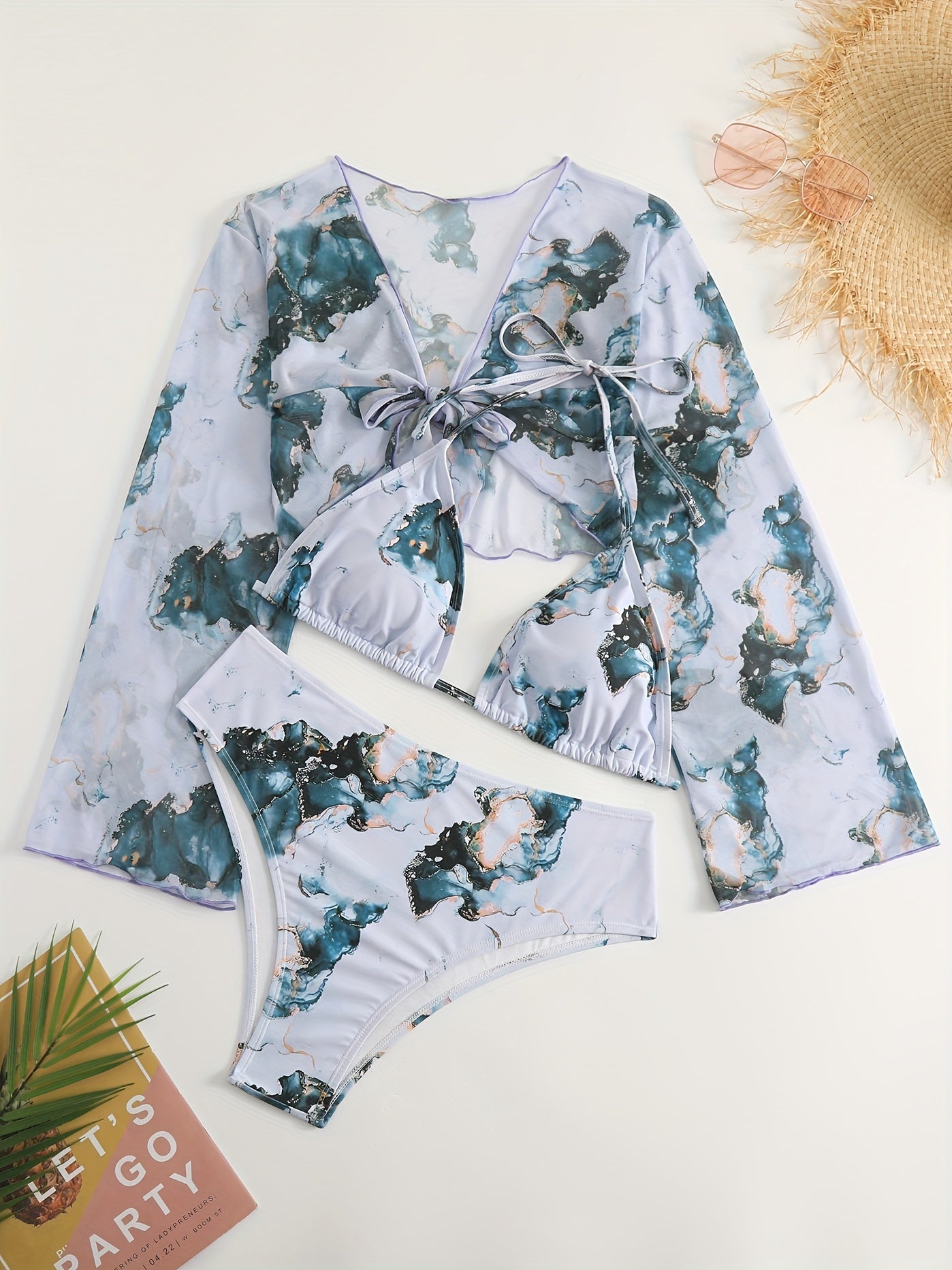 Tie Dye Halter Neck Bikini Set & Cover Up - 3pc Set