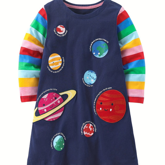 Girls Colorful Planet Print Long Sleeve Casual Dress