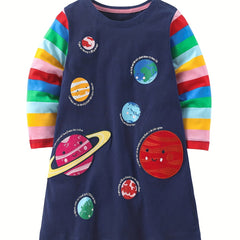 Girls Colorful Planet Print Long Sleeve Casual Dress